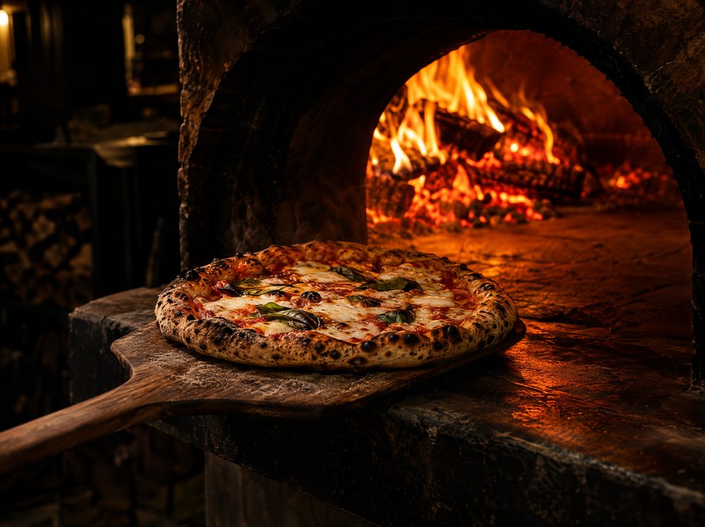 Pizza saliendo del horno de leña